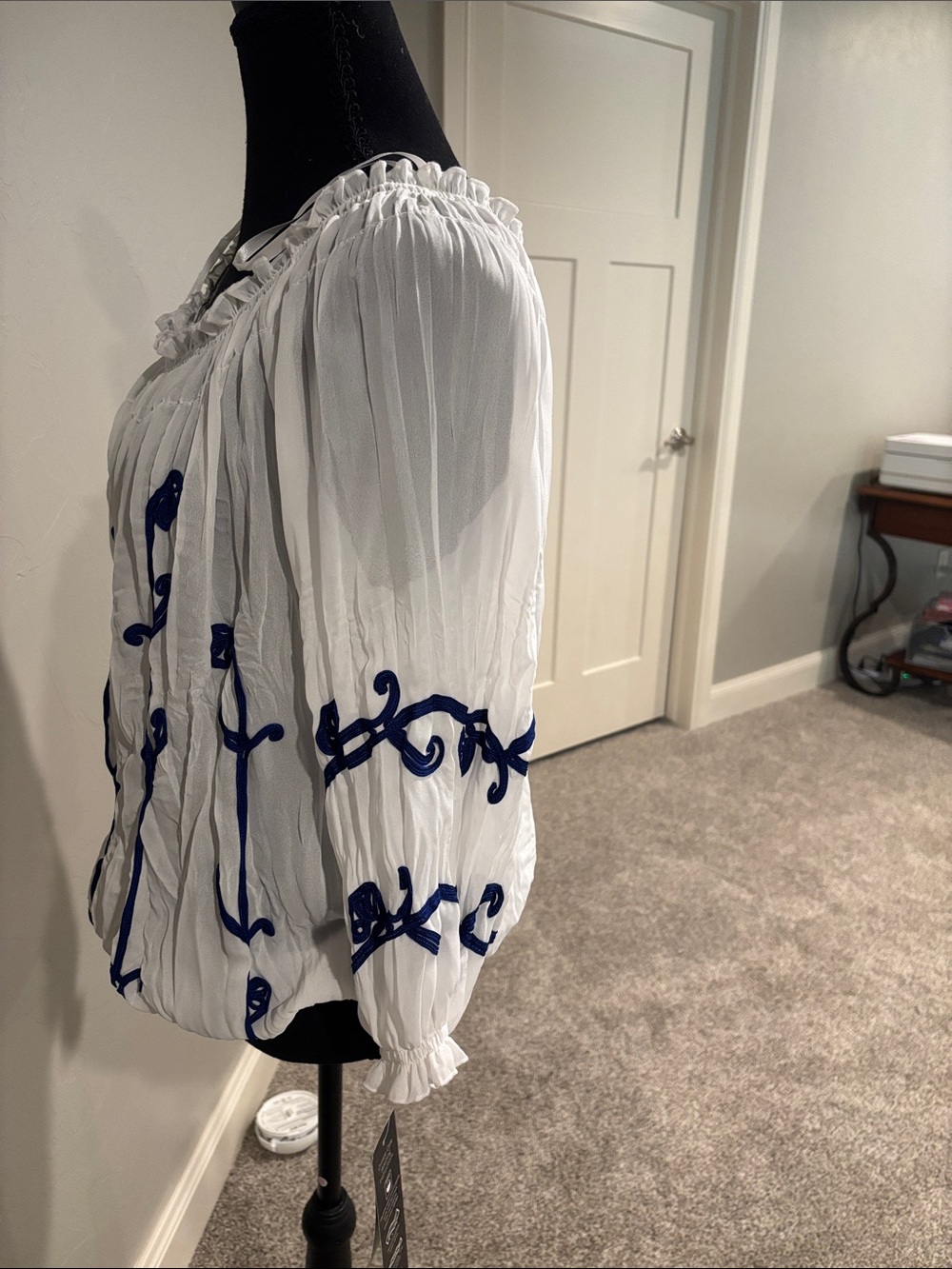 INC International Concepts White Blouse with Blue Embroidery - Picture 3 of 6